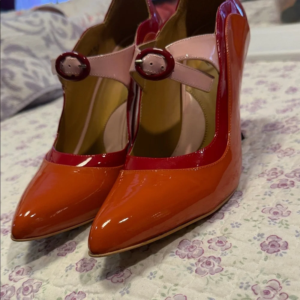 John Fluevog Orange, Red & Pink Patent Mary Jane Pumps - Picture 9 of 9